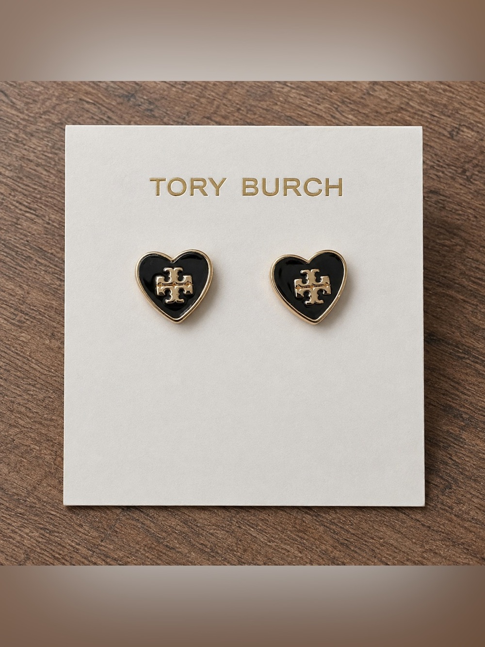 Tory Burch Black and Gold Heart Logo Stud Earrings